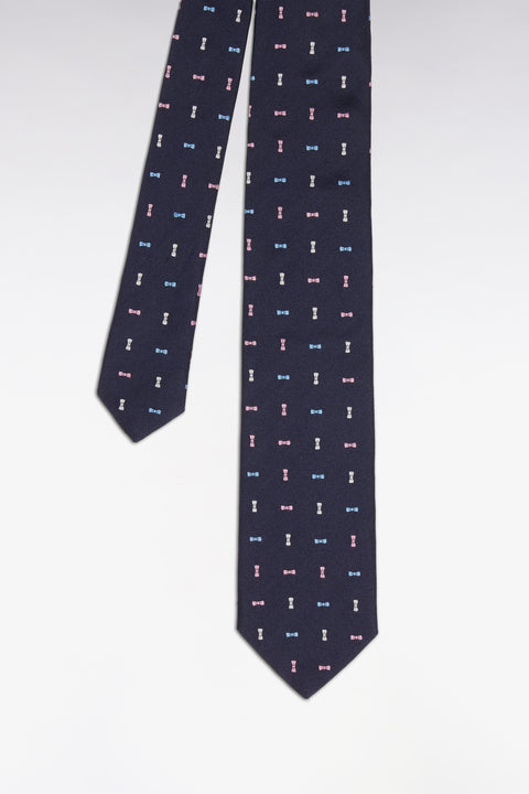 Cravate en soie marine à micromotifs nœuds papillon tricolores - Image 1