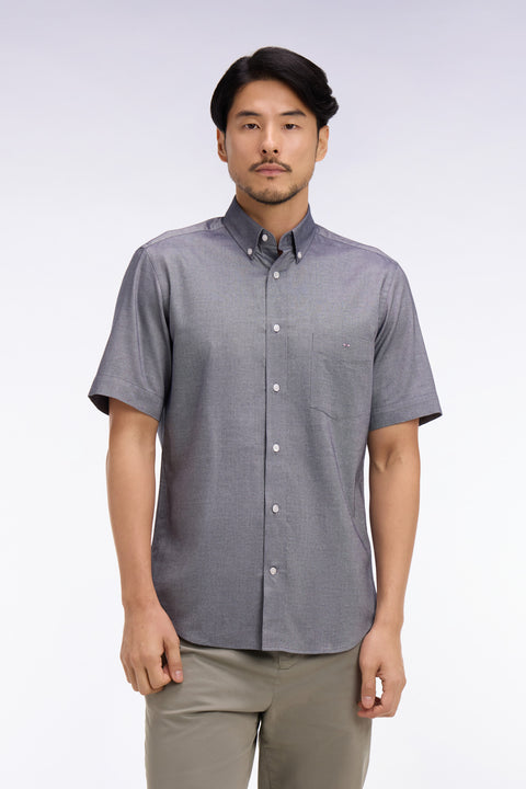 Chemise à manches courtes en coton fil teint marine - Image 3