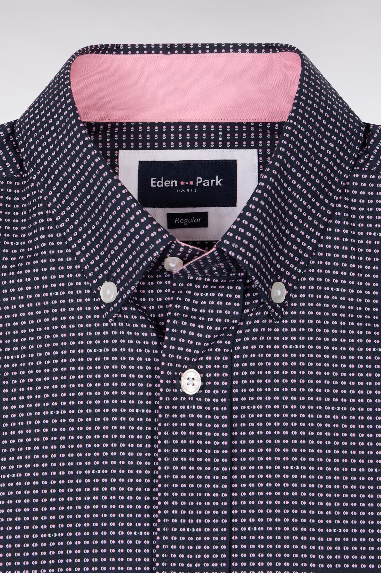Short-sleeved navy cotton shirt with pink micro-patterns