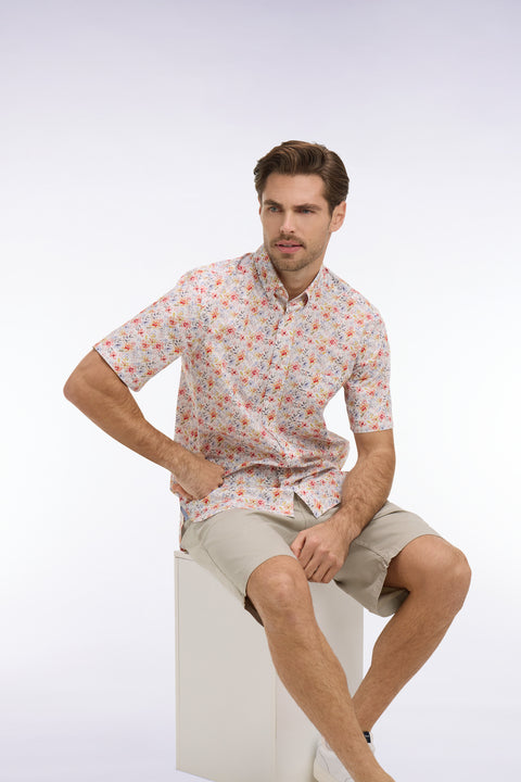 Chemise à manches courtes en popeline et chambray à motif floral orange - Image 1