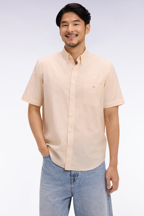 Chemise à manches courtes en coton jacquard rayé beige - Image 1