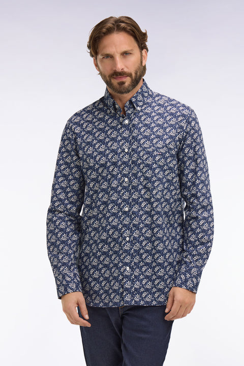 Chemise en popeline de coton bleu à motif floral coupe regular - Image 3