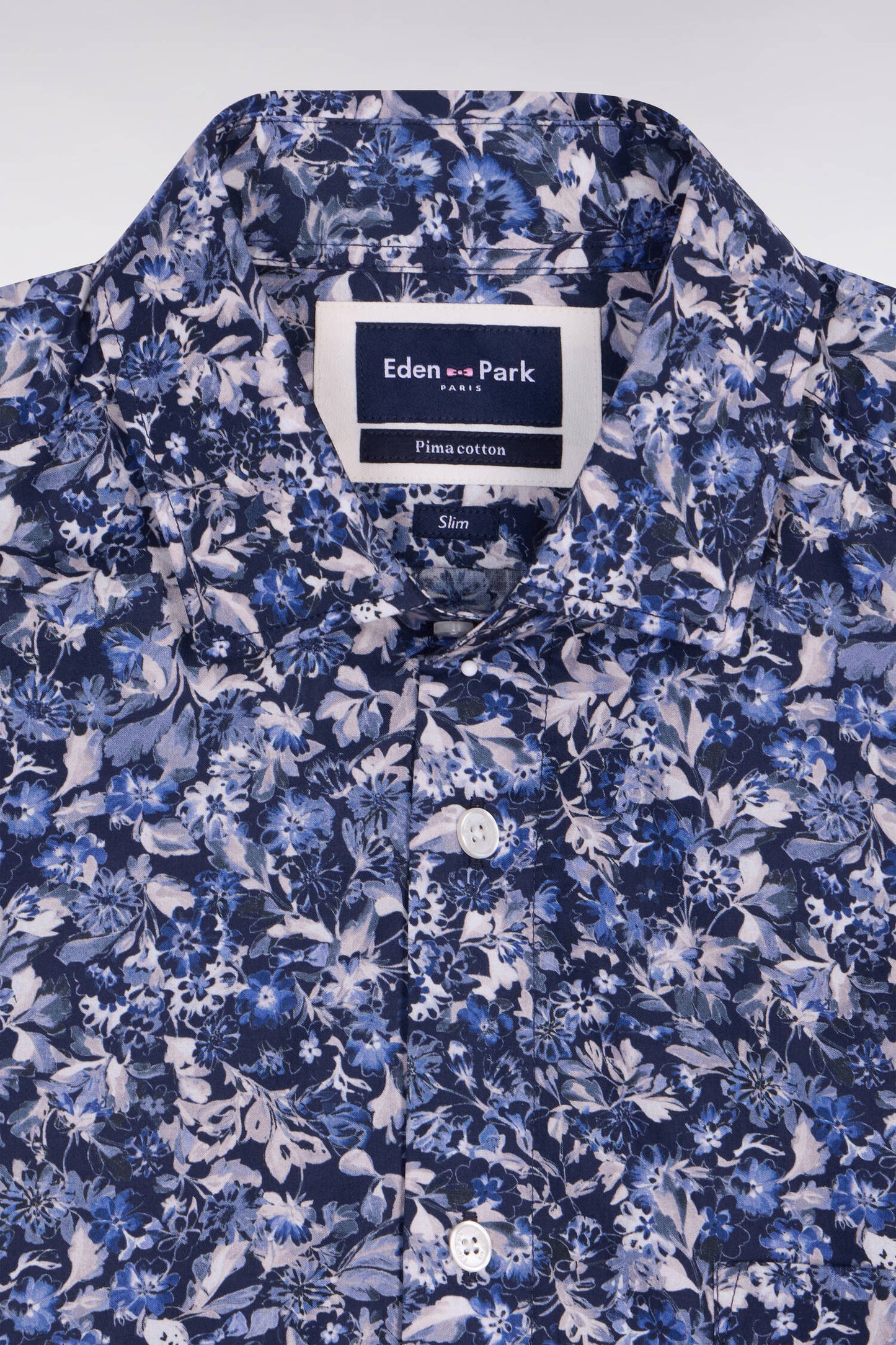 Chemise en popeline de coton marine à microimprimé floral coupe slim