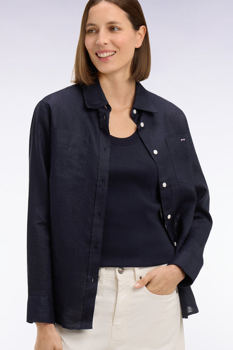Chemise en lin marine à poches plaquées - Image 1