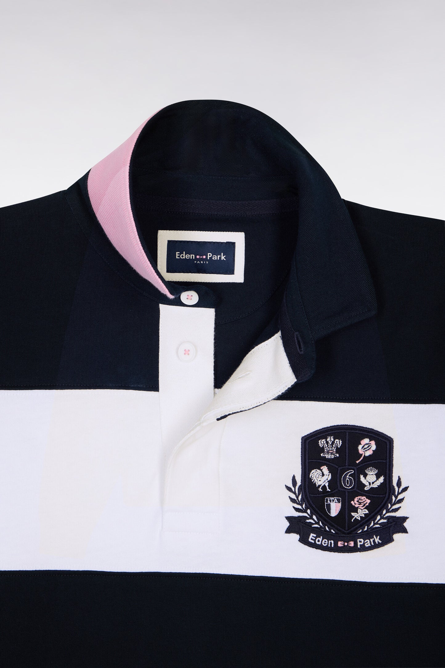 Maillot 6 Nations à manches longues en coton rayé blanc et marine