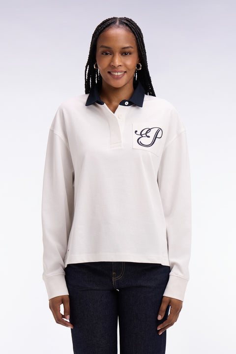 Maillot à manches longues en coton écru brodé coupe Oversized - Image 3