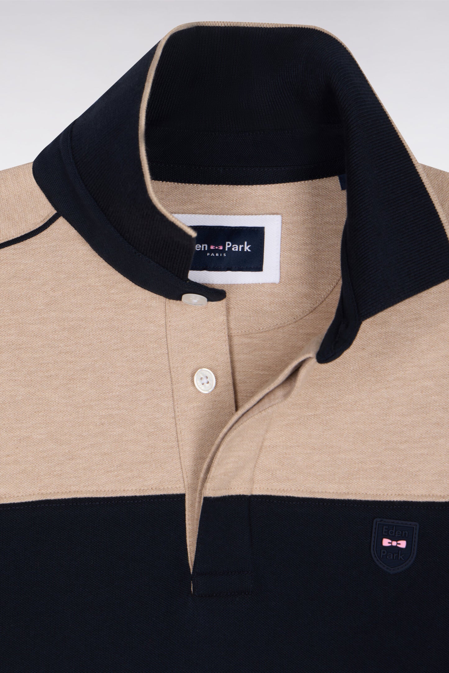 Polo à manches courtes en coton stretch marine et beige coupe slim