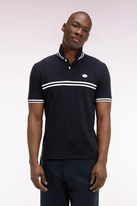 Polo à manches courtes en coton marine à rayures blanches coupe regular - Image 3