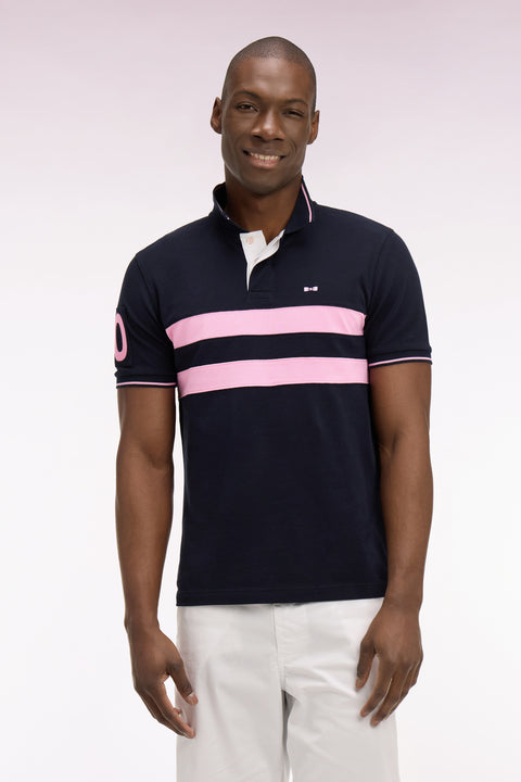 Polo à manches courtes en piqué coton marine à rayures coupé cousu - Image 3