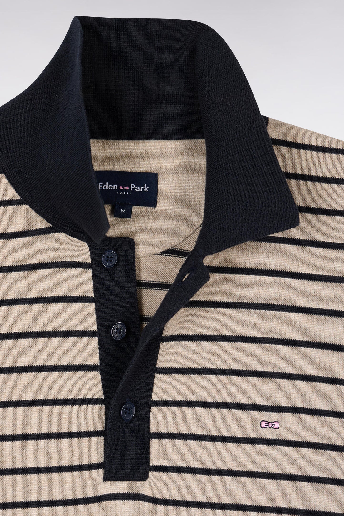 Pull manches courtes à col polo en coton beige rayé