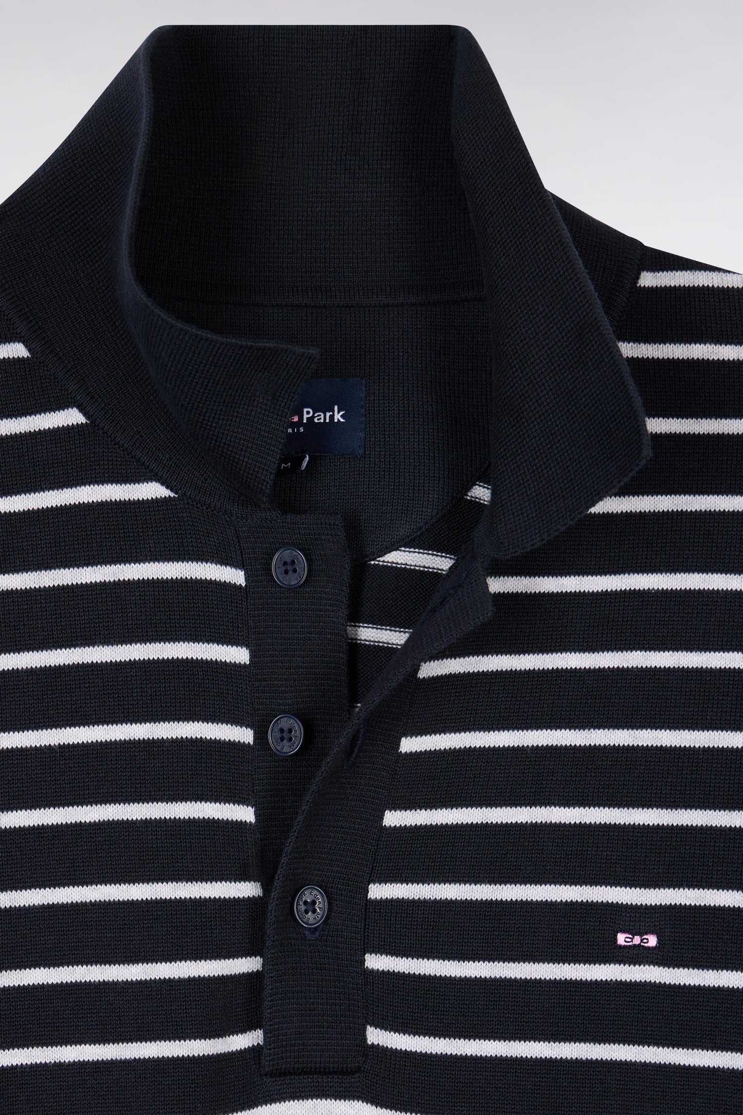 Short-sleeved polo collar sweater in gray striped cotton