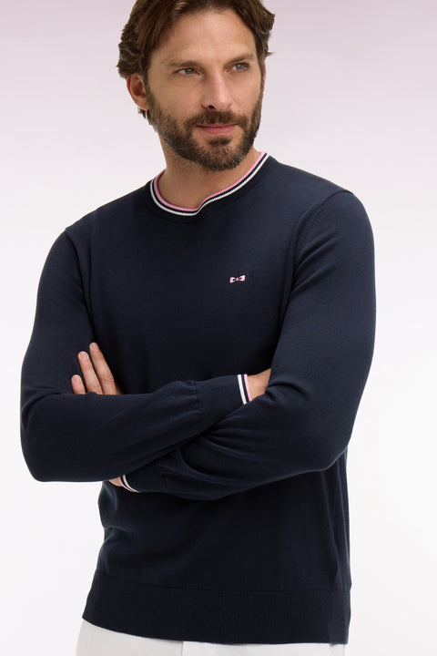 Pull col rond en coton marine à rayures fines - Image 3