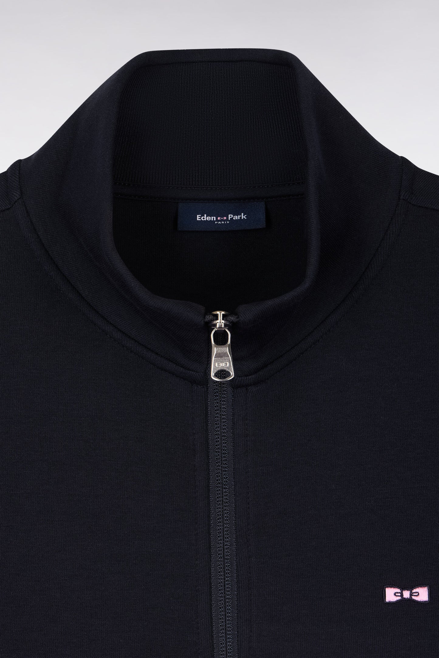 Sweatshirt zippé en molleton marine bande rose