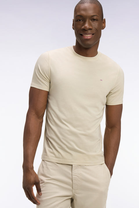T-shirt à manches courtes en lyocell et coton beige coupe regular - Image 1