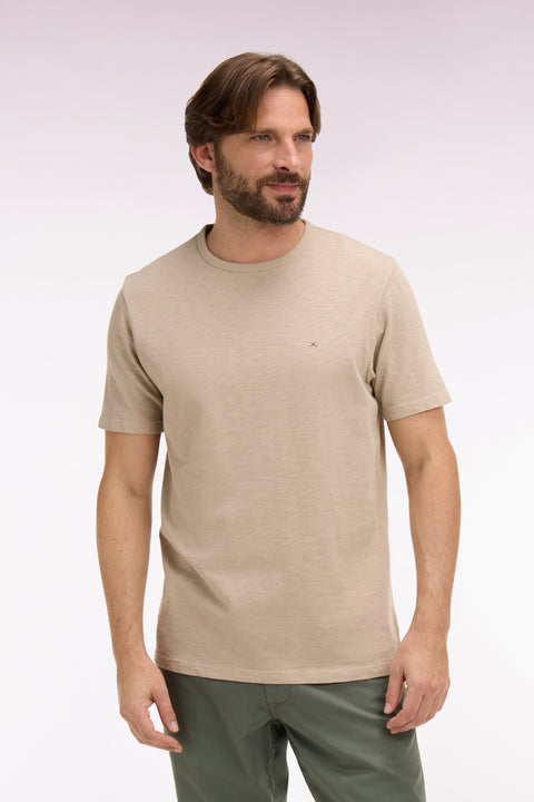 T-shirt à manches courtes en jersey de coton slub beige coupe regular - Image 3