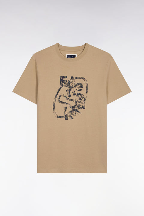 T-shirt à manches courtes en coton beige sérigraphié coupe regular - Image 2