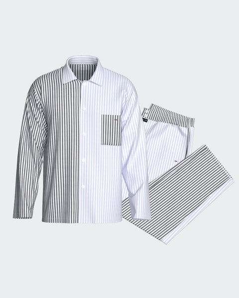 Pyjama long en coton à rayures bicolores bleu ciel et marine - Image 1