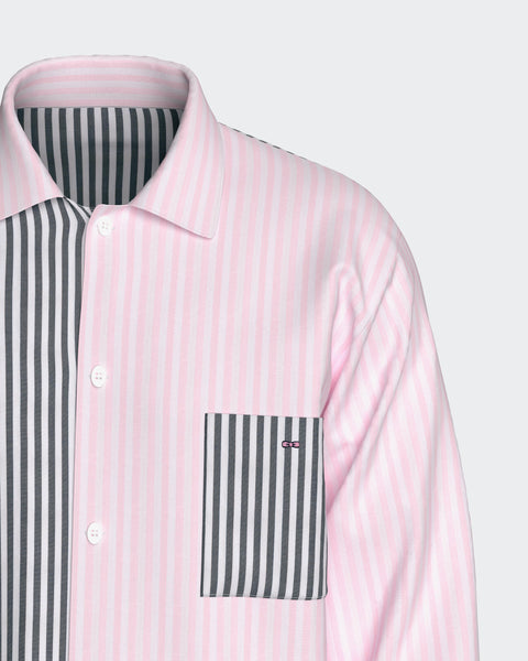 Pyjama long en coton à rayures bicolores marine et roses - Image 2