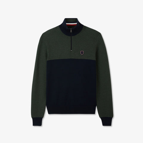 Dark green zip-neck colourblock jumper - Image 2