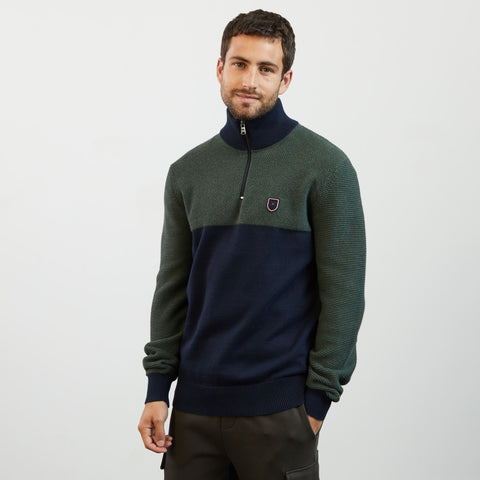 Dark green zip-neck colourblock jumper - Image 1
