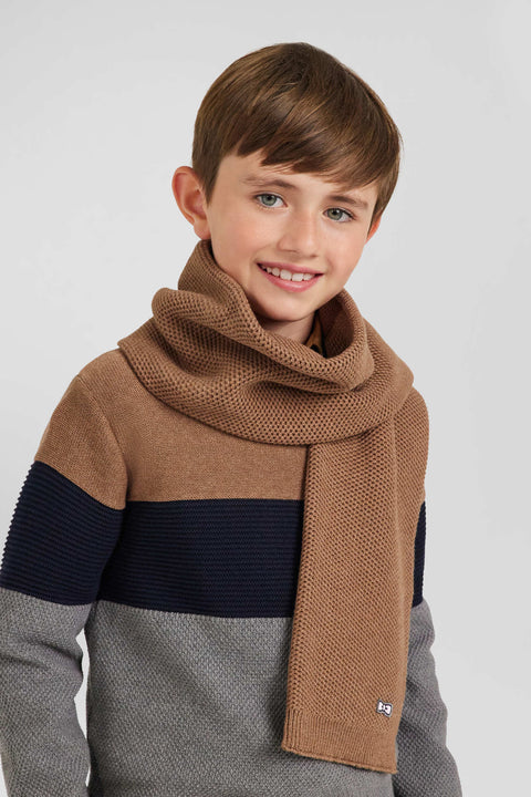 Plain hazelnut cotton scarf with embroidered bow tie - Image 1