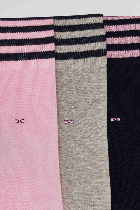Set of 3 pairs of pink stretch cotton socks with striped details - Image 2