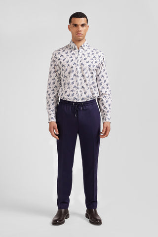 Regular ecru cotton poplin shirt with navy floral print
