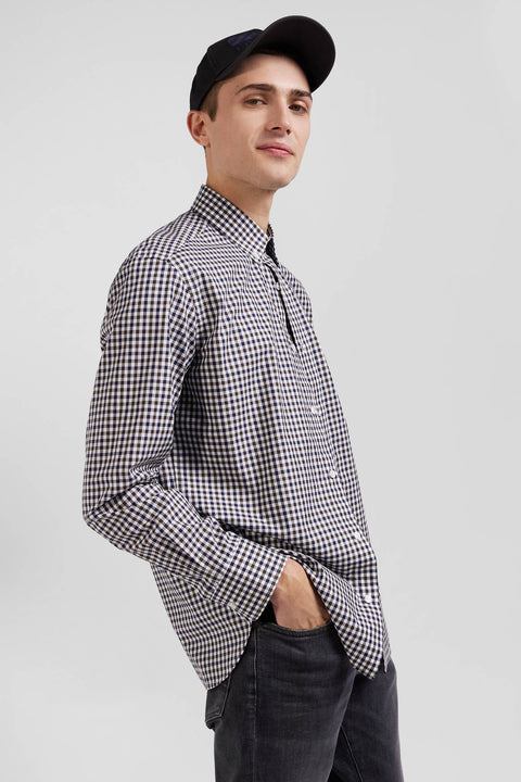 Regular navy and white checked cotton poplin shirt - Image 3
