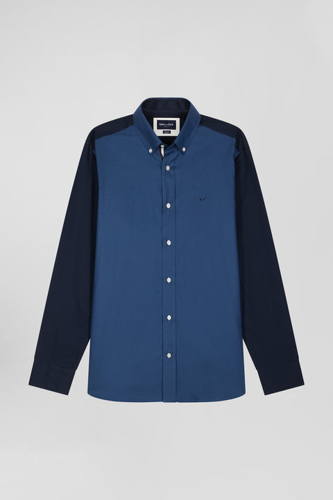 Chemise bicolore en coton pin point bleu foncé coupe Regular broderie dos - Image 2