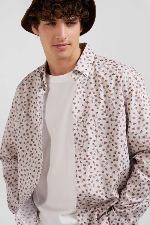 Regular beige cotton poplin shirt with microprint - Image 3
