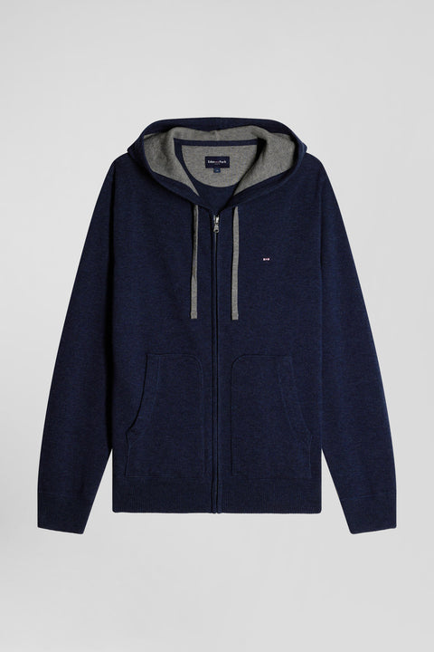 Regular navy blue wool and cotton knitted zip-up jumper - Image 2