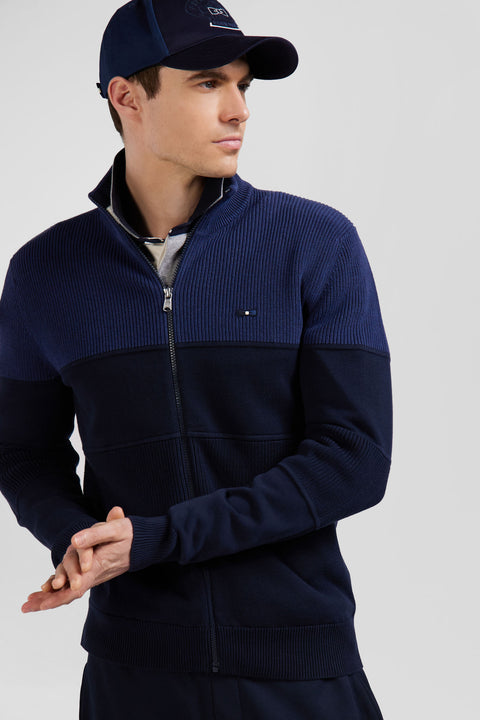 Regular navy blue and blue cotton high collar zipped cardigan - Image 3