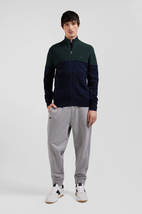 Regular navy blue and green cotton high collar zipped cardigan - Image 1