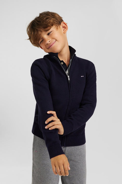 Cardigan zippé à col montant en laine et coton marine coupe Regular - Image 3