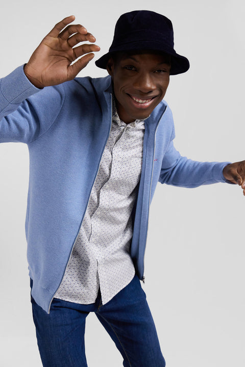 Regular plain sky blue cotton high collar zipped cardigan - Image 3