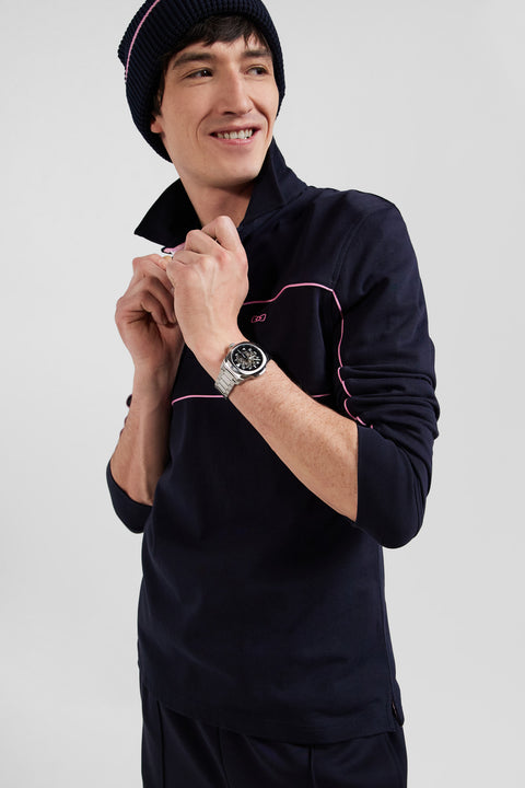 Regular navy long-sleeved cotton rugby shirt with pink piping and Eden Park embroidery - Image 3