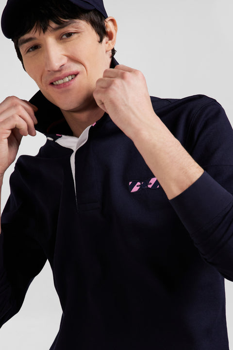 Maillot manches longues en coton bleu marine applications de tissu cravate cerclé coupe Regular - Image 3