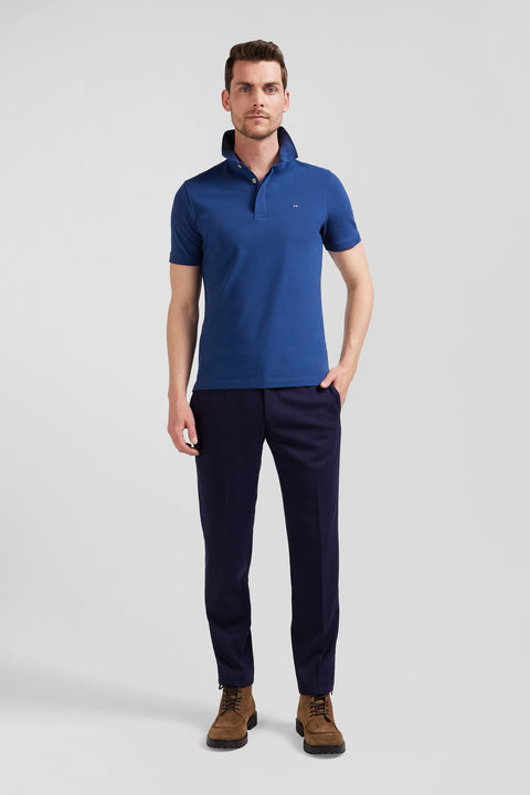 Slim dark blue short-sleeved stretch cotton polo shirt - Image 1