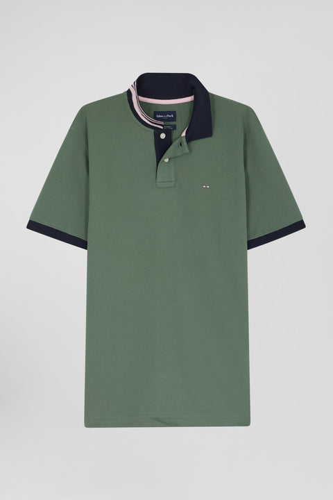 Regular green short-sleeved cotton piqué polo shirt with contrasting details - Image 1