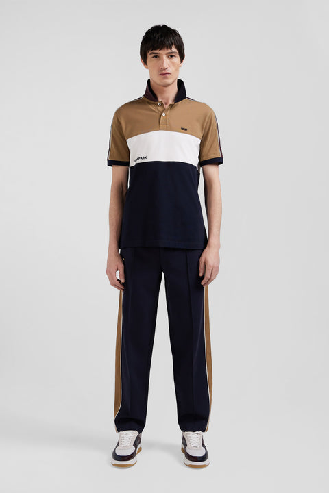 Polo manches courtes tricolore en piqué coton noisette inscription Eden Park coupe Regular - Image 1