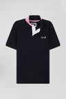 Regular navy blue short-sleeved cotton piqué polo shirt with striped embroidery