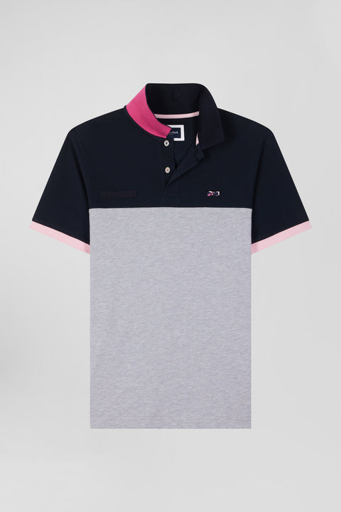 Regular grey short-sleeved cotton piqué polo shirt with bow tie embroidery and contrasting details - Image 2