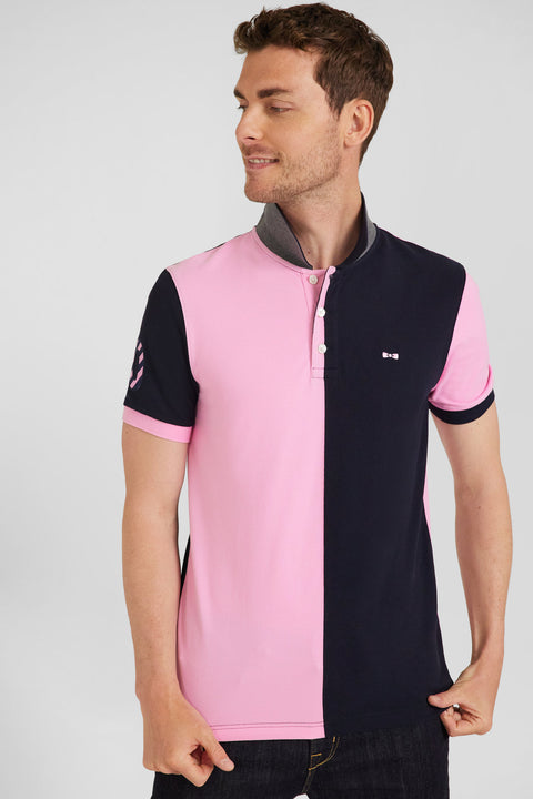 Regular navy blue and pink bicolor short-sleeved cotton piqué polo shirt - Image 2
