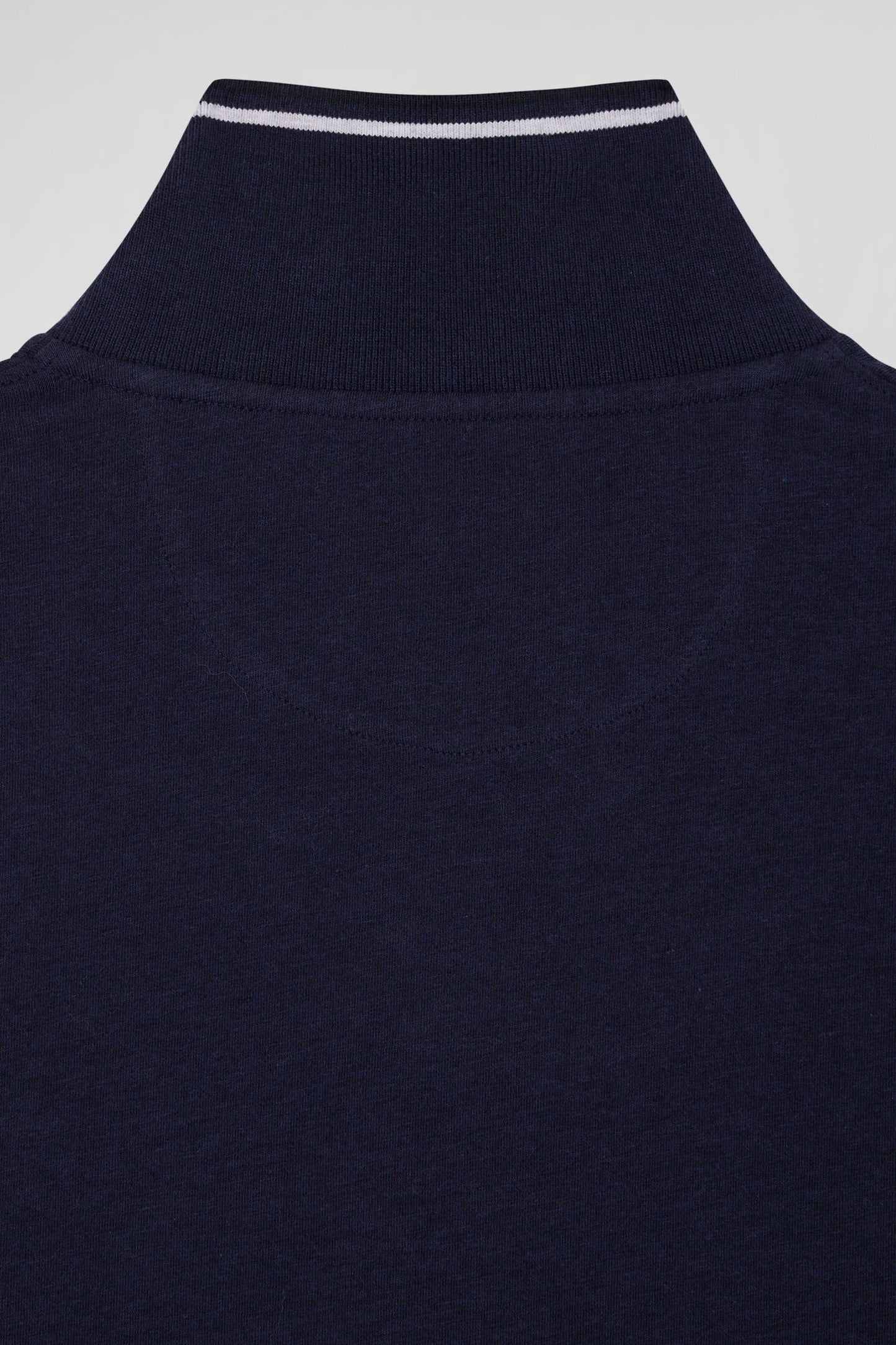 Slim navy blue long-sleeved stretch cotton polo shirt with striped finishes