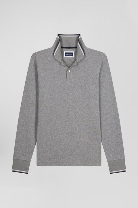 Slim grey long-sleeved stretch cotton polo shirt with striped finishes - Image 2