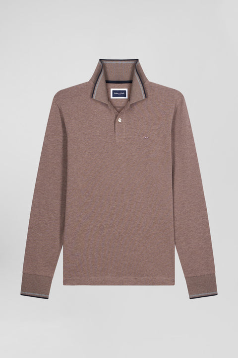 Slim brown long-sleeved stretch cotton polo shirt with striped finishes - Image 2