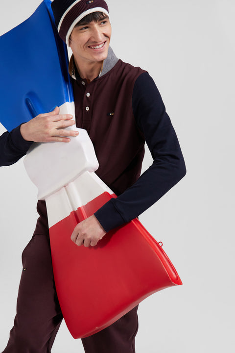 Regular burgundy bicolor long-sleeved cotton piqué polo shirt with jacquard collar - Image 3