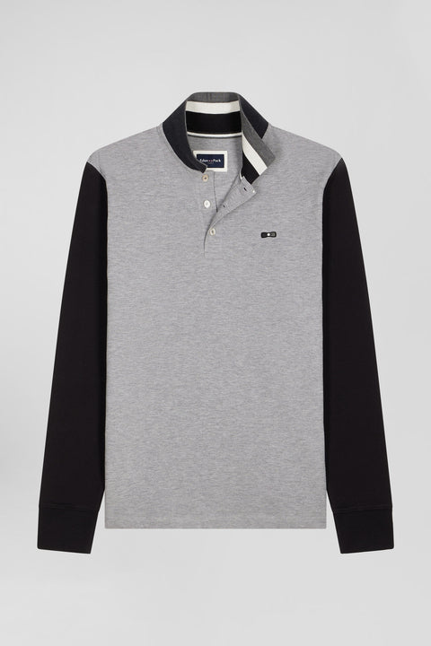 Regular black bicolor long-sleeved cotton piqué polo shirt with jacquard collar - Image 2