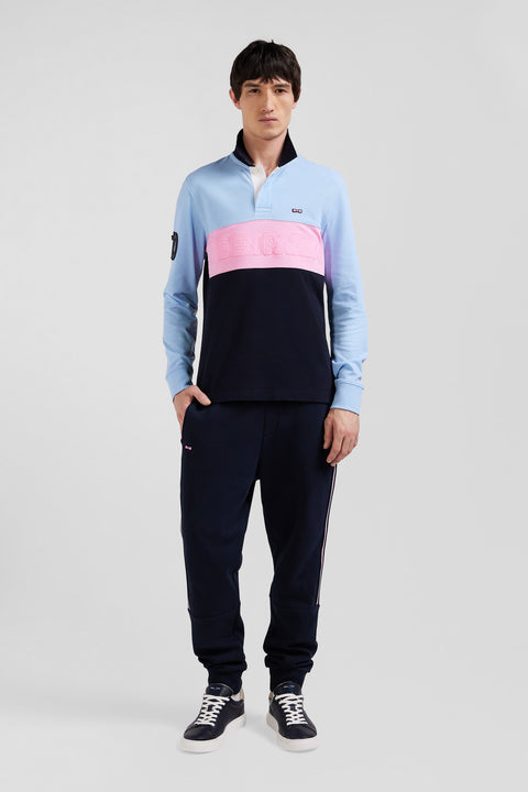 Regular sky blue long-sleeved cotton piqué polo shirt with padded embroidery - Image 1