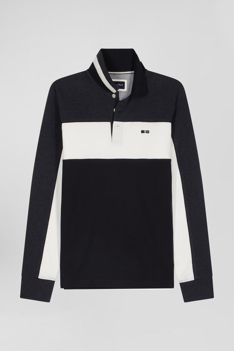 Regular black tricolor long-sleeved cotton piqué polo shirt - Image 2